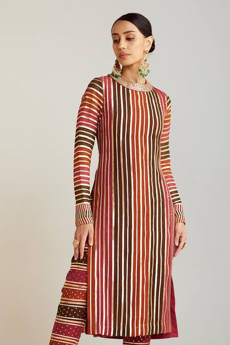 Vvani By Vani Vats_Multi Color Georgette, Silk Gota Patti Hand Embroidered Straight Kurta With Pant _Online_at_Aza_Fashions