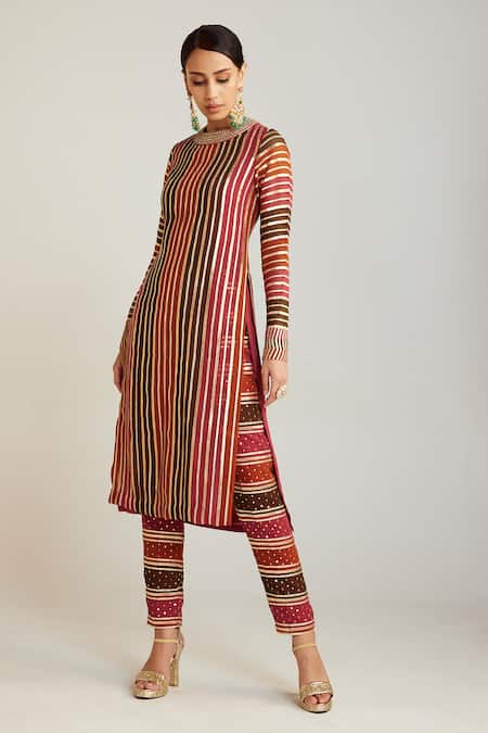 Shop_Vvani By Vani Vats_Multi Color Georgette, Silk Gota Patti Hand Embroidered Straight Kurta With Pant _Online_at_Aza_Fashions