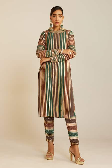 Vvani By Vani Vats Multi Color Georgette, Silk, Net Gota Hand Embroidered Straight Fit Kurta Set Online at Aza Fashions Vvani By Vani Vats_Multi Color Georgette, Silk, Net Gota Hand Embroidered Straight Fit Kurta Set _Online_at_Aza_Fashions