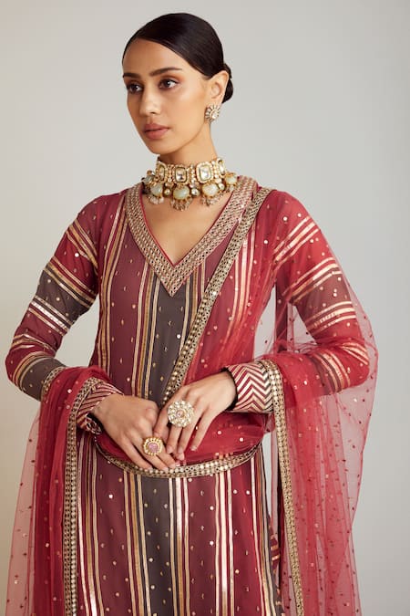 Buy_Vvani By Vani Vats_Multi Color Georgette, Silk, Net Gota Patti, Embroidery V-neck Hand Kurta Set _Online_at_Aza_Fashions