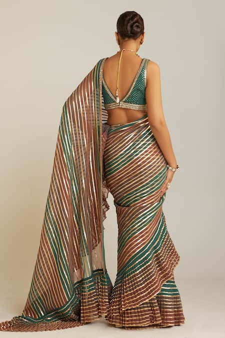 Shop Vvani By Vani Vats Multi Color Georgette Gota Patti, Pre-draped Hand Embroidered Saree With Blouse at Aza Fashions Shop_Vvani By Vani Vats_Multi Color Georgette Gota Patti, Pre-draped Hand Embroidered Saree With Blouse _at_Aza_Fashions