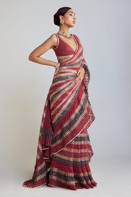 Vvani By Vani Vats_Multi Color Georgette Sequins, Gota Pre-draped Embroidered Saree With Blouse _Online_at_Aza_Fashions