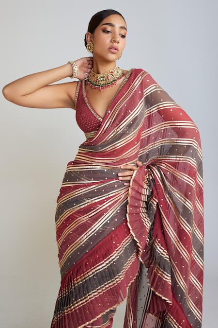 Buy_Vvani By Vani Vats_Multi Color Georgette Sequins, Gota Pre-draped Embroidered Saree With Blouse _Online_at_Aza_Fashions