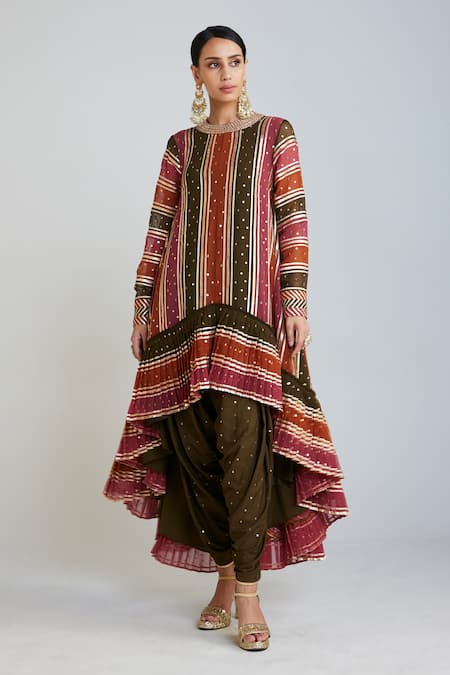 Shop Vvani By Vani Vats Multi Color Georgette, Silk Embroidery, Asymmetric Kurta And Dhoti Pant Set Online at Aza Fashions Shop_Vvani By Vani Vats_Multi Color Georgette, Silk Embroidery, Asymmetric Kurta And Dhoti Pant Set _Online_at_Aza_Fashions