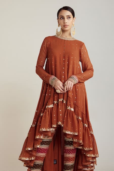 Vvani By Vani Vats Multi Color Georgette, Silk Embroidery Round Neck Asymmetric Kurta And Pant Set Online at Aza Fashions Vvani By Vani Vats_Multi Color Georgette, Silk Embroidery Round Neck Asymmetric Kurta And Pant Set _Online_at_Aza_Fashions