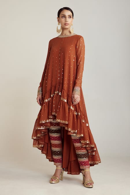 Buy Vvani By Vani Vats Multi Color Georgette, Silk Embroidery Round Neck Asymmetric Kurta And Pant Set Online at Aza Fashions Buy_Vvani By Vani Vats_Multi Color Georgette, Silk Embroidery Round Neck Asymmetric Kurta And Pant Set _Online_at_Aza_Fashions