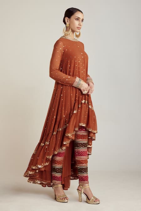 Shop Vvani By Vani Vats Multi Color Georgette, Silk Embroidery Round Neck Asymmetric Kurta And Pant Set Online at Aza Fashions Shop_Vvani By Vani Vats_Multi Color Georgette, Silk Embroidery Round Neck Asymmetric Kurta And Pant Set _Online_at_Aza_Fashions