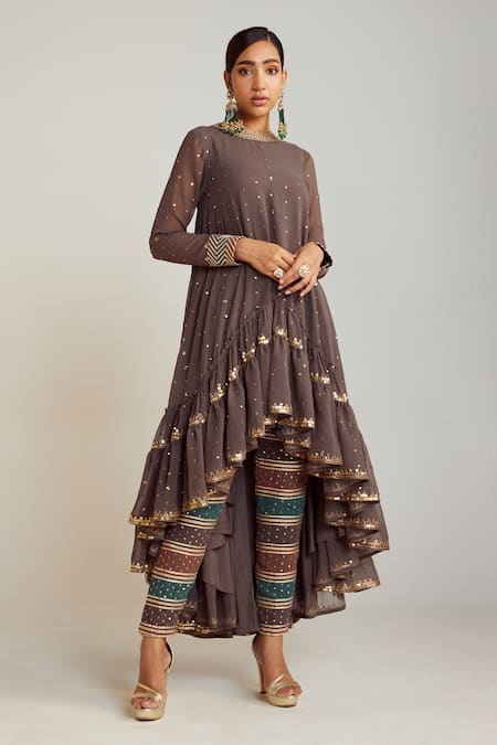 Vvani by Vani Vats Asymmetric Round Neck Kurta & Embroidered Pant Set 