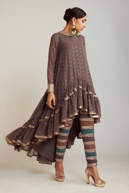 Vvani By Vani Vats Multi Color Georgette, Silk Embroidery Round Neck Asymmetric Kurta And Pant Set Online at Aza Fashions Vvani By Vani Vats_Multi Color Georgette, Silk Embroidery Round Neck Asymmetric Kurta And Pant Set _Online_at_Aza_Fashions