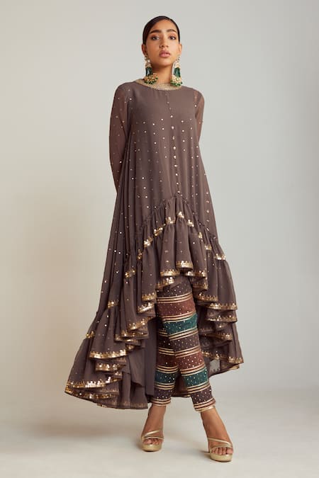 Buy Vvani By Vani Vats Multi Color Georgette, Silk Embroidery Round Neck Asymmetric Kurta And Pant Set Online at Aza Fashions Buy_Vvani By Vani Vats_Multi Color Georgette, Silk Embroidery Round Neck Asymmetric Kurta And Pant Set _Online_at_Aza_Fashions