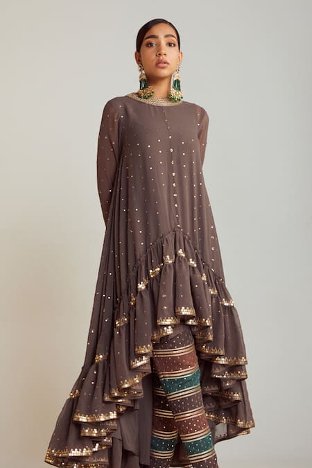 Shop Vvani By Vani Vats Multi Color Georgette, Silk Embroidery Round Neck Asymmetric Kurta And Pant Set Online at Aza Fashions Shop_Vvani By Vani Vats_Multi Color Georgette, Silk Embroidery Round Neck Asymmetric Kurta And Pant Set _Online_at_Aza_Fashions