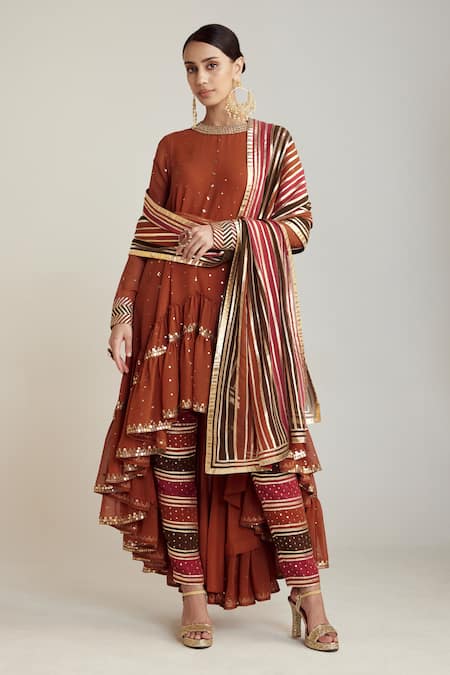 Vvani by Vani Vats Multi Color Kurta Embroidered Stripe Round Asymmetric Pant Set  