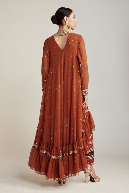 Shop Vvani By Vani Vats Multi Color Georgette, Silk Embroidery Round Neck Asymmetric Kurta Pant Set at Aza Fashions Shop_Vvani By Vani Vats_Multi Color Georgette, Silk Embroidery Round Neck Asymmetric Kurta Pant Set _at_Aza_Fashions