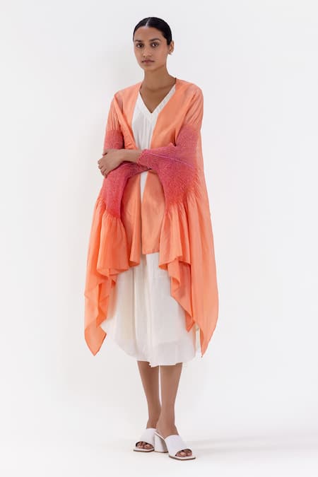 Studio Medium Peach Silk Tie Dyed Shibori Front Open Segment Sleeve Cape