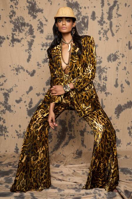 Buy_Rara Avis_Brown Silk Velvet Printed Leopard Lapel Collar Blazer And Pant Set_Online_at_Aza_Fashions