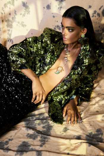 Buy_Rara Avis_Green Cotton Embroidery Dabka Notched Lapel Collar Blazer_Online_at_Aza_Fashions