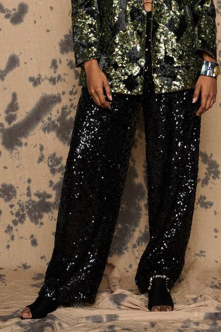 Buy_Rara Avis_Black Cotton Embroidery Sequin Flared Pant_Online_at_Aza_Fashions