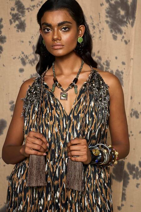 Rara Avis_Green Viscose Printed Abstract Notched Gathered Rope Dress_Online_at_Aza_Fashions