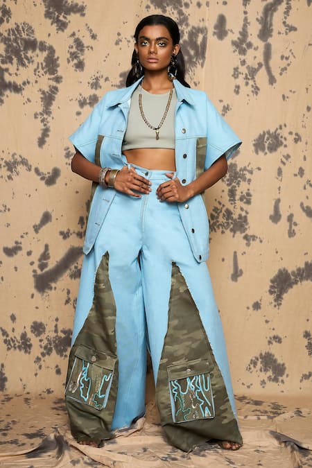 Rara Avis_Blue Cotton Denim Camouflage Shirt Collar Oversized Jacket_Online_at_Aza_Fashions