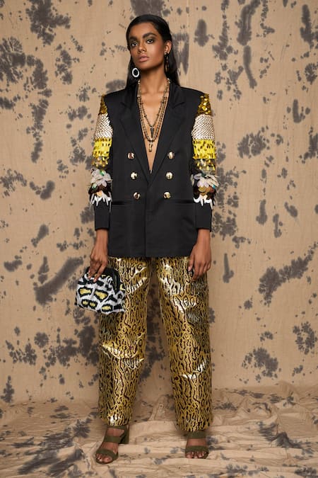 Rara Avis_Black Linen Satin Embroidered Sequin Lapel Collar Embellished Sleeve Blazer_Online_at_Aza_Fashions