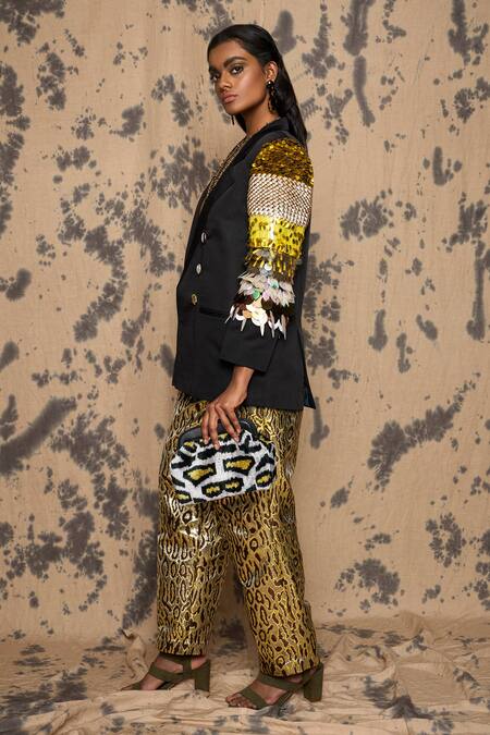 Buy_Rara Avis_Black Linen Satin Embroidered Sequin Lapel Collar Embellished Sleeve Blazer_Online_at_Aza_Fashions