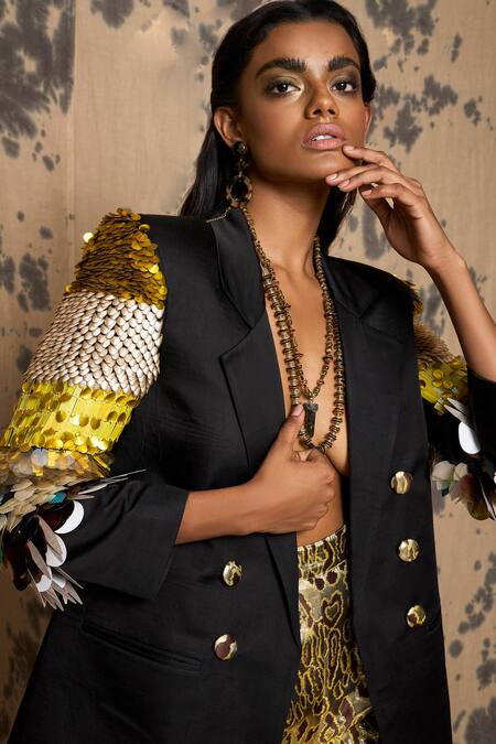 Shop_Rara Avis_Black Linen Satin Embroidered Sequin Lapel Collar Embellished Sleeve Blazer_Online_at_Aza_Fashions