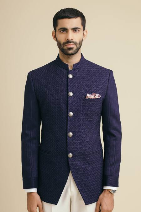 Philocaly_Blue Cotton, Silk Embroidery Geometric Thread Bandhgala _Online_at_Aza_Fashions