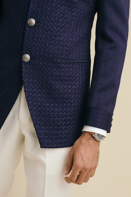 Buy_Philocaly_Blue Cotton, Silk Embroidery Geometric Thread Bandhgala _Online_at_Aza_Fashions