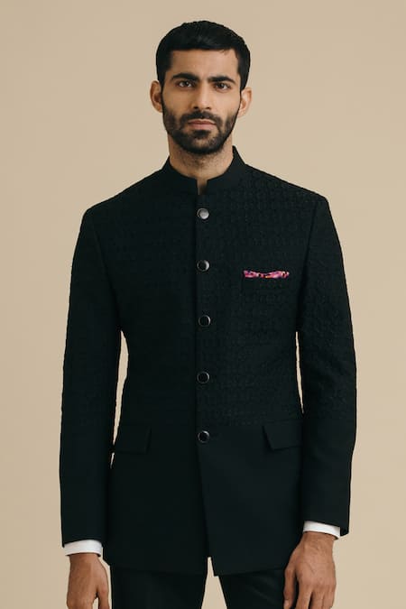 Philocaly_Black Mohair Embroidery Floral Thread Bandhgala _Online_at_Aza_Fashions