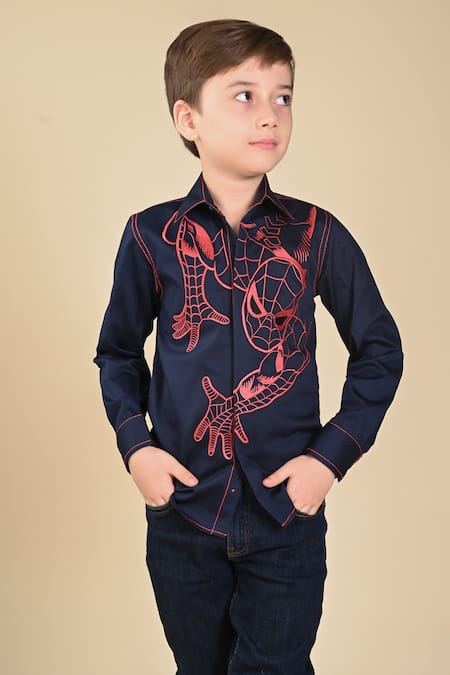 Shop Hoity Moppet Blue Cotton Embroidery Amazing Spiderman Shirt at Aza Fashions Shop_Hoity Moppet_Blue Cotton Embroidery Amazing Spiderman Shirt _at_Aza_Fashions