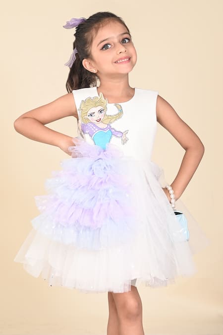 Shop_Hoity Moppet_White Tulle, Crepe, Satin Sequins, Tassels Elsa Rules Embroidered Applique Dress_Online_at_Aza_Fashions