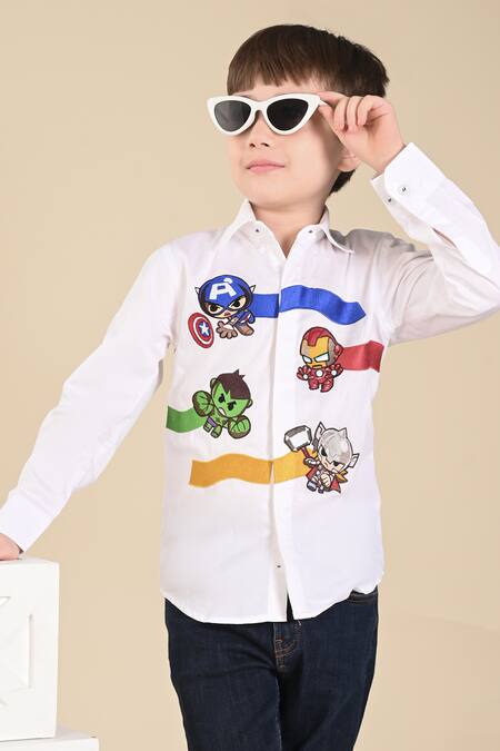 Shop Hoity Moppet White Cotton Embroidery Future Avengers Shirt at Aza Fashions Shop_Hoity Moppet_White Cotton Embroidery Future Avengers Shirt _at_Aza_Fashions