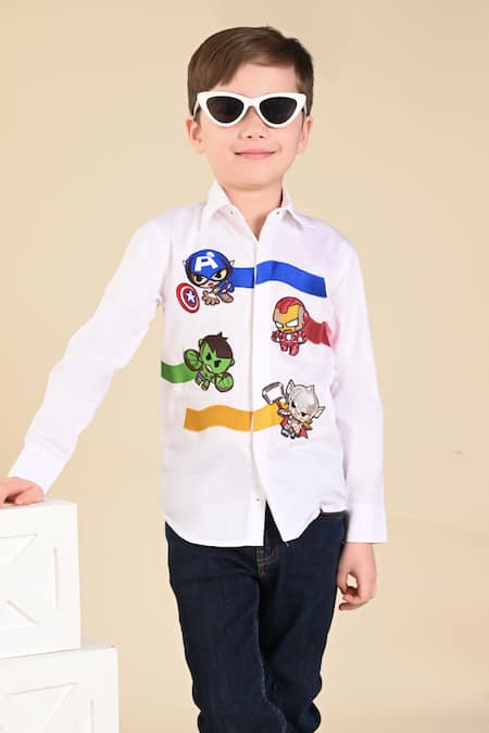 Hoity Moppet White Cotton Embroidery Future Avengers Shirt Online at Aza Fashions Hoity Moppet_White Cotton Embroidery Future Avengers Shirt _Online_at_Aza_Fashions
