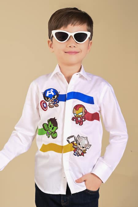 Shop Hoity Moppet White Cotton Embroidery Future Avengers Shirt Online at Aza Fashions Shop_Hoity Moppet_White Cotton Embroidery Future Avengers Shirt _Online_at_Aza_Fashions