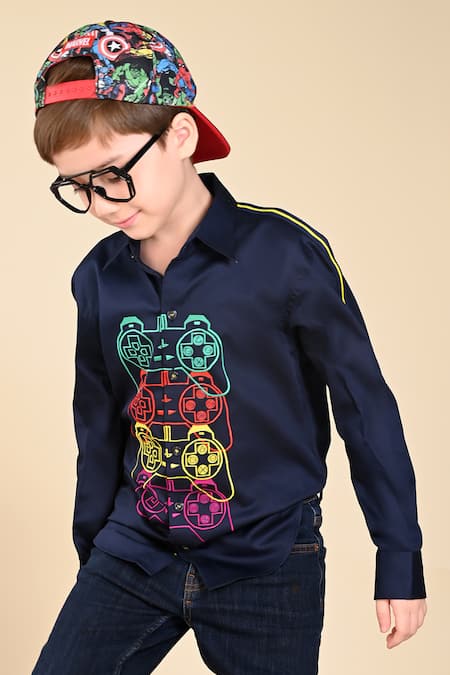 Hoity Moppet_Blue Cotton Embroidery Gaming Controller Shirt _Online_at_Aza_Fashions
