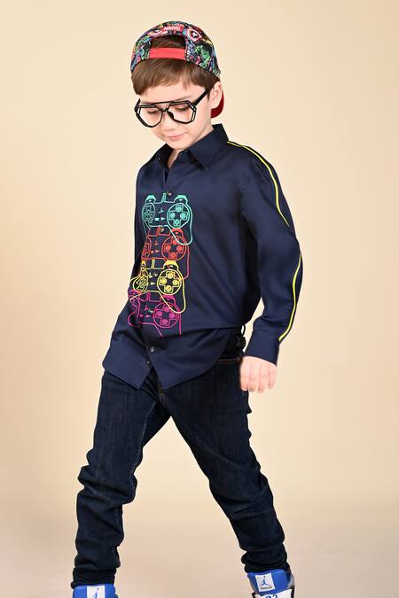 Buy_Hoity Moppet_Blue Cotton Embroidery Gaming Controller Shirt _Online_at_Aza_Fashions