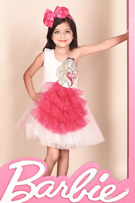 Shop Hoity Moppet White Tulle, Crepe, Satin Not Your Barbie Girl Applique Embroidered Dress at Aza Fashions Shop_Hoity Moppet_White Tulle, Crepe, Satin Not Your Barbie Girl Applique Embroidered Dress _at_Aza_Fashions