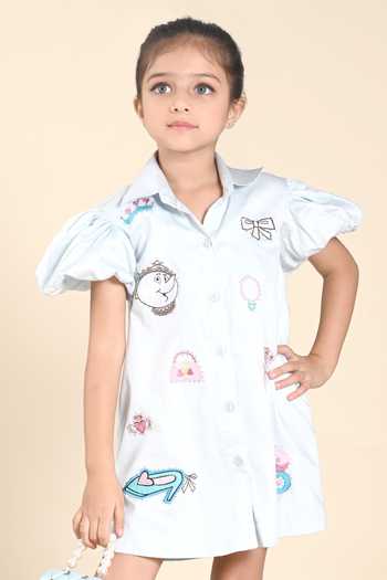 Hoity Moppet_Blue Cotton Embroidery Queens Club Shirt Dress_Online_at_Aza_Fashions