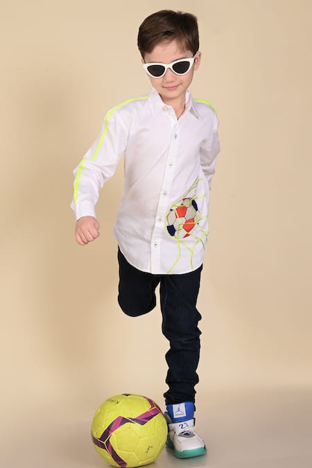 Hoity Moppet_White Cotton Embroidery Soccer Shirt _Online_at_Aza_Fashions