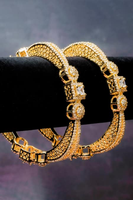 Shop_Queens Jewels_Gold Plated Diamonds, Cut Work American Embellished Bangles - Set Of 2 _at_Aza_Fashions