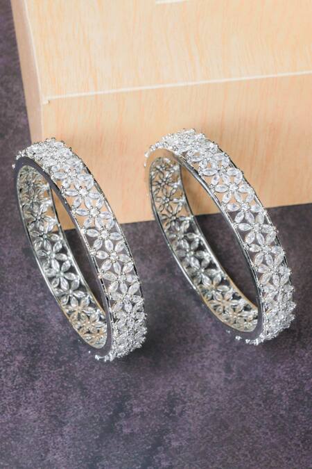 Shop Queens Jewels White Diamonds, Cut Work American Embellished Bangles - Set Of 2 at Aza Fashions Shop_Queens Jewels_White Diamonds, Cut Work American Embellished Bangles - Set Of 2 _at_Aza_Fashions