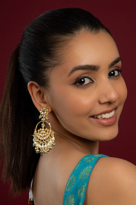 Shop_Queens Jewels_White Crystals, Pearls Kundan Embellished Chaandbalis _at_Aza_Fashions