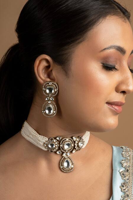 Shop_Queens Jewels_White Pearls, Diamonds Kundan And Embellished Choker Necklace Set _at_Aza_Fashions
