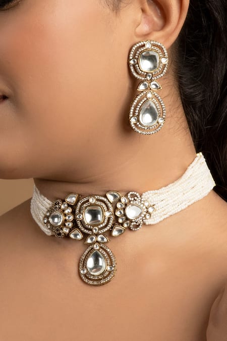 Buy_Queens Jewels_White Pearls, Diamonds Kundan And Embellished Choker Necklace Set _Online_at_Aza_Fashions