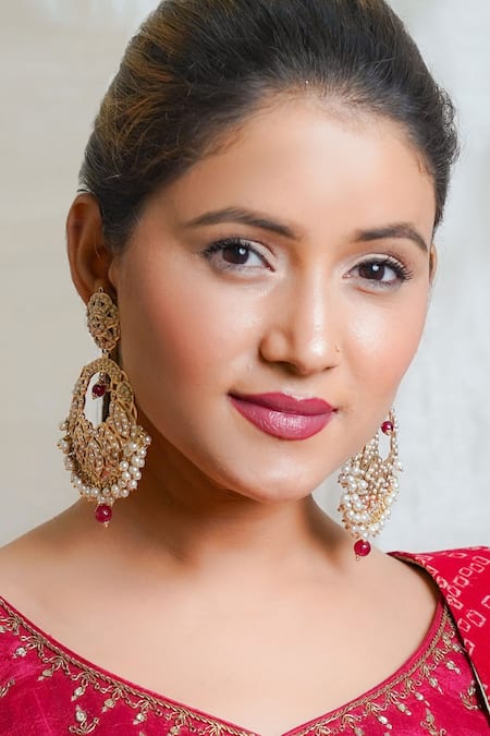 Shop Queens Jewels Red Diamonds, Pearls, Stones Jadau Embellished Chandbali Earrings at Aza Fashions Shop_Queens Jewels_Red Diamonds, Pearls, Stones Jadau Embellished Chandbali Earrings _at_Aza_Fashions