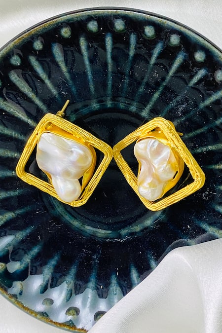 Shop Queens Jewels White Pearls Embellished Teardrop Earrings at Aza Fashions Shop_Queens Jewels_White Pearls Embellished Teardrop Earrings _at_Aza_Fashions