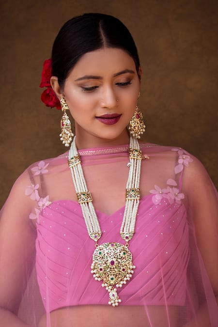 Shop_Queens Jewels_Multi Color Imitation Diamonds Jadau Embellished Bridal Pendant Necklace Set _at_Aza_Fashions