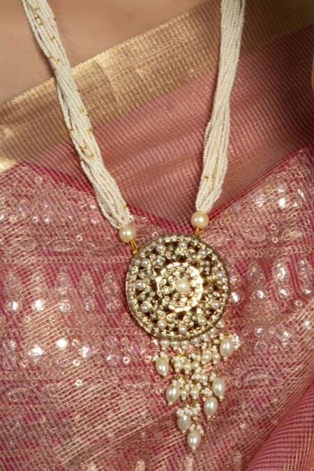 Queens Jewels White Jadau Embellished Pendant Necklace Online at Aza Fashions Queens Jewels_White Jadau Embellished Pendant Necklace _Online_at_Aza_Fashions