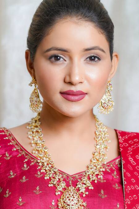 Queens Jewels Pink Beads, Zari Jadau Embellished Necklace Set Online at Aza Fashions Queens Jewels_Pink Beads, Zari Jadau Embellished Necklace Set _Online_at_Aza_Fashions