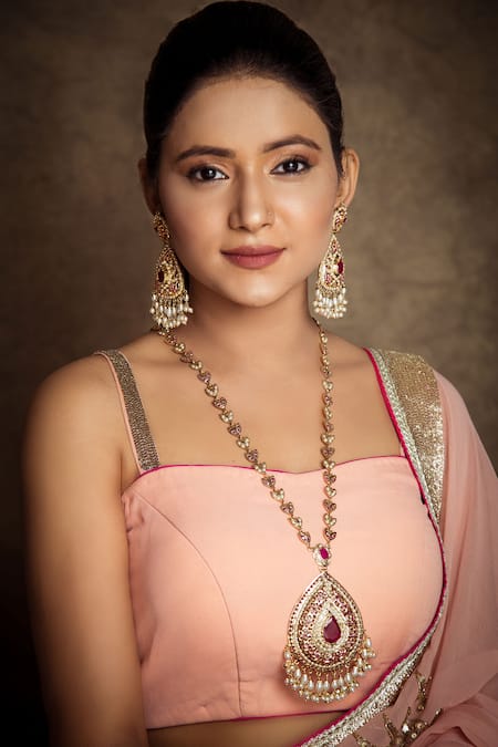 Shop Queens Jewels Red Beads, Zari Tear Drop Jadau Stone Embellished Necklace Set at Aza Fashions Shop_Queens Jewels_Red Beads, Zari Tear Drop Jadau Stone Embellished Necklace Set _at_Aza_Fashions